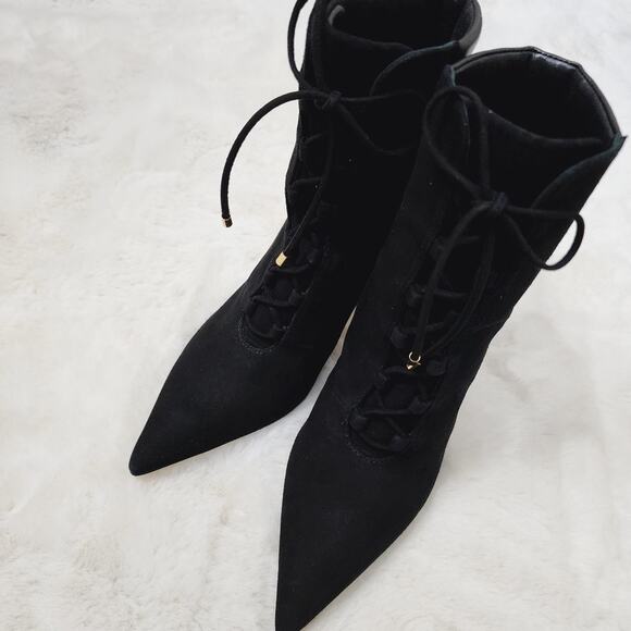 NEW Good American Scandal Black Suede Lace Up Point Toe Heeled Bootie - Picture 10 of 12